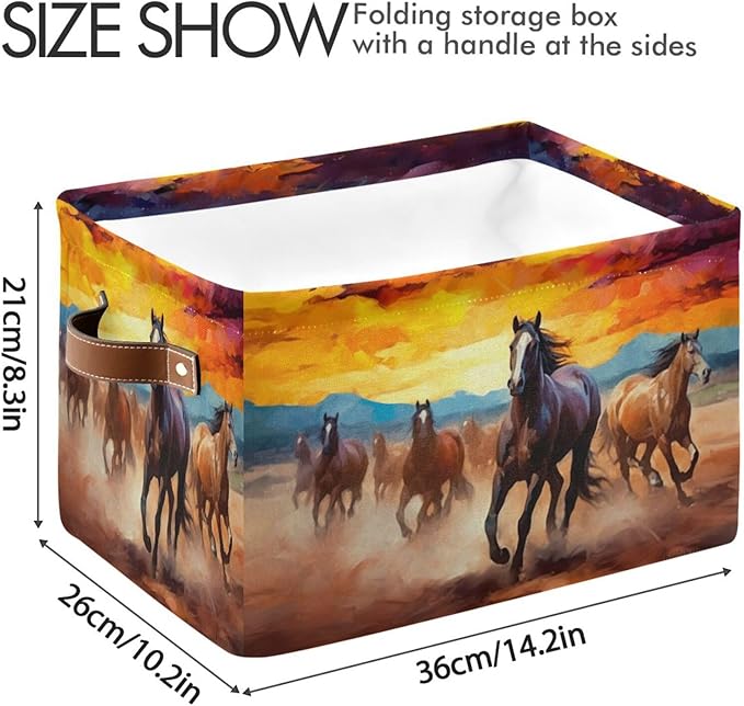 Storage Basket Horse Rectangular Collapsible Canvas Shelves Storage Bins with Leather Handles for Shelves Home Closet Bedroom Living Room, 1Pack