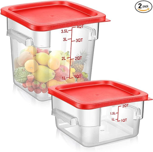Suclain 2 Pcs Square Food Storage Container Polycarbonate Clear Food Container with Lid Commercial Rice Storage with Graduations for Commercial Kitchen(2 Qt,4 Qt,Red)