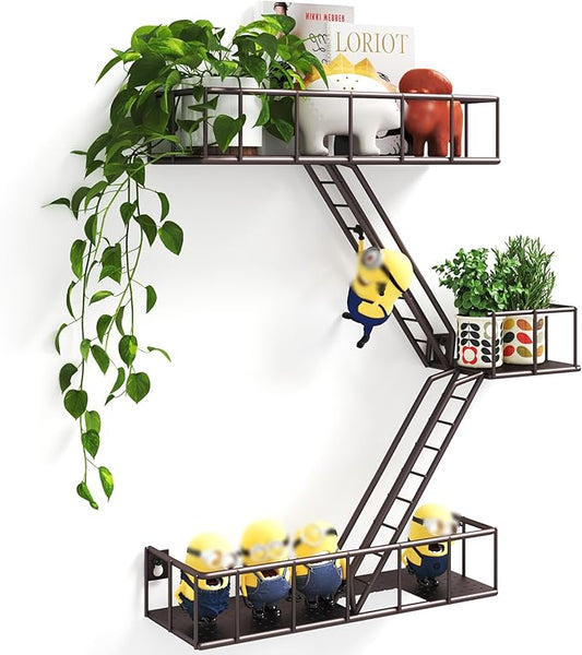 Fire Escape Shelf - 3 Tier Metal Coffe Fire Escape Wall Shelves with Baskets, New York Action Figurine Display Shelf, Unique Rustic Floating Decorative Wall Shelves for Any Room