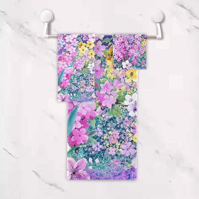 Purple Pink Blue Floral Towel Set, 3-Piece Soft Absorbent Set (1 Bath 1 Hand 1 Washcloth), Decorative Spring Garden Flower Towels for Bathtub, Shower, Hair, Face