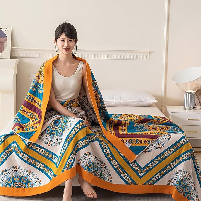 SANACYNA Boho Muslin Throw Blanket 100% Cotton 6-Layer Gauze Geometric Bed Blanket Lightweight Soft and Breathable Blanket for Sofa Bed Coverlet Both Sides (Boho Squared Flower, 80 x 90 in)