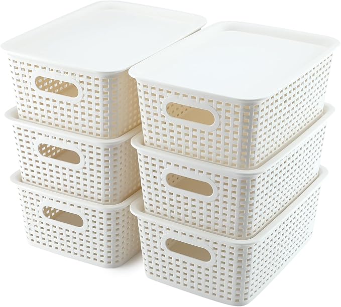 AREYZIN 12 Pack Bundles Plastic Storage Baskets Including 6 Plastic Storage Baskets With Lids Set of 6 Durable Small Pantry Organizer Bins