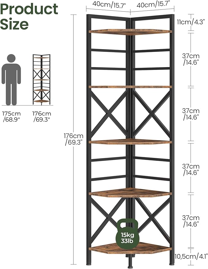 69.3" Corner Shelf 5-Tier, Large Corner Shelving, Freestanding Storage Stand for Bedroom, Living Room, Kitchen, Industrial Engineered Wood Bookshelf Organizer, Rustic Brown and Black TCJ15BF