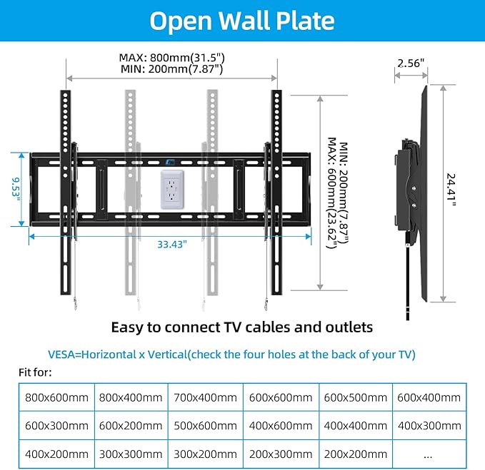 HOME VISION Heavy Duty Tilt TV Wall Mount Bracket for 48-120 Inch Flat/Curved TVs, 200Lbs Capacity, Fits 16/18/24 Inch Studs, Max VESA 800x600mm for LED OLED LCD