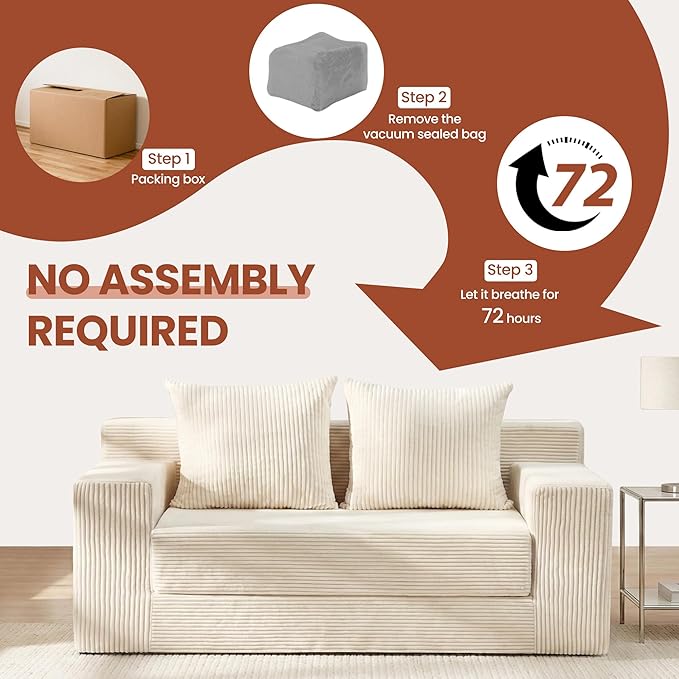 Convertible Sofa Bed, 5 In 1 Small Boneless Couch Pull Out Loveseat Sleeper Sofa,Corduroy Futon Couch Folding Mattress with 4 Pillows for Living Room Bedroom Lounge (No Assembly) (Beige, 58Inch)