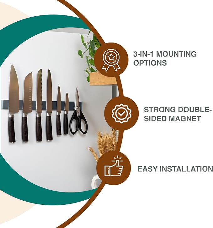 Magnetic Knife Holder 16 Inch Gunmetal – Exclusive Color Stainless Steel Strip, Rack & Bar for Wall or Fridge, No Drill Adhesive Kitchen Organizer, Premium Gift by Pampavanna