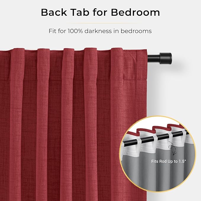 INOVADAY 100% Blackout Curtains for Bedroom, Black Out Curtains 90 Inch Long, Clip Rings Linen Blackout Drapes, Thermal Insulated Room Darkening for Living Room, 2 Panels - Ruby Red,W50xL90