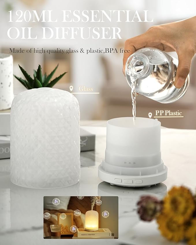 Essential Oil Diffuser - 2.4MHz Ultrasonic Glass Diffuser for Home, 120ml, Pulse&Continuous Mist, Bright/Dim/Breathing Lighting, Waterless Auto-Off, Aromatherapy Diffuser with USB Cable