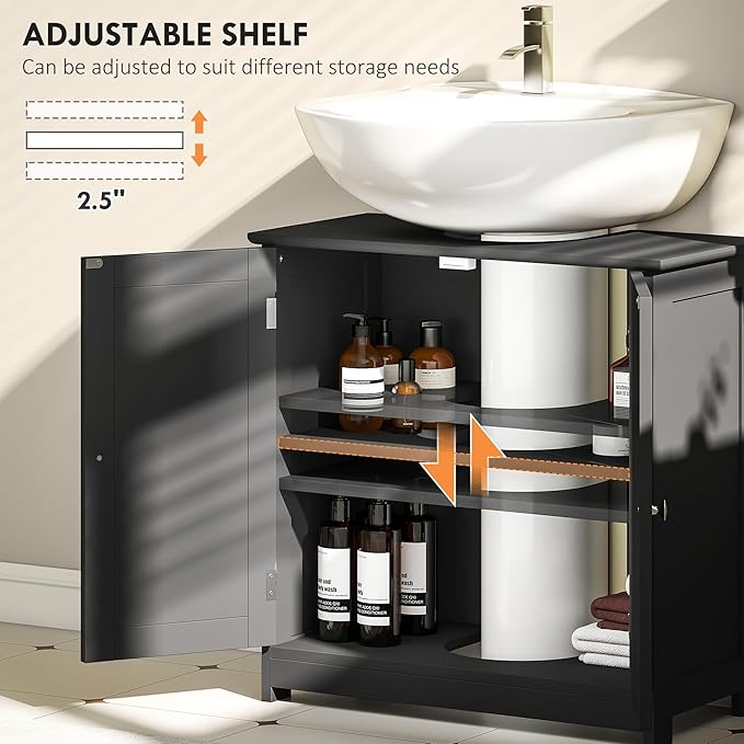 kleankin 23.5" Pedestal Sink Storage Cabinet, Freestanding Bathroom Under Sink Cabinet with U-Shape Cut-Out and Adjustable Shelf, Black