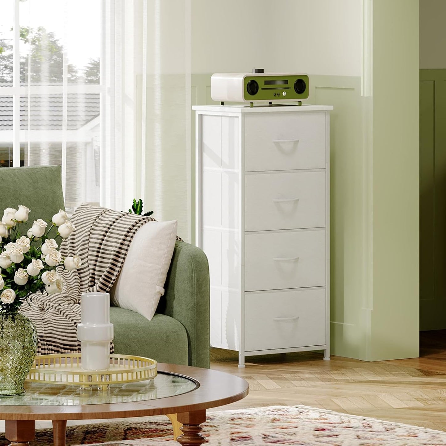4-Drawer Fabric Dresser with Steel Frame and Wood Top