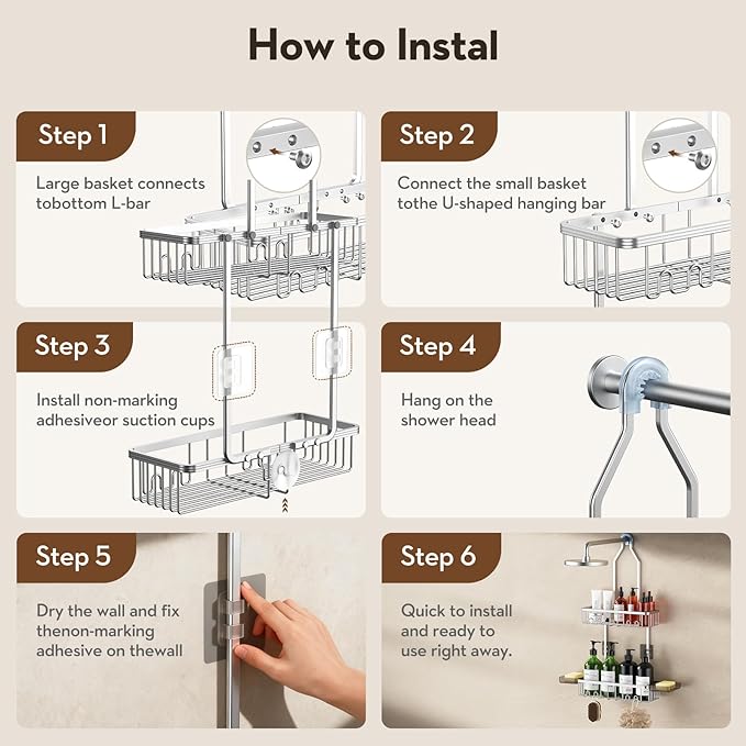 Shower Caddy Hanging, Shower Organizer Hanging, Aluminum Shower Racks for Inside Shower with Hooks for Razor, Never Rust Bathroom Organizers and Storage with Soap Holder, Bright Silver