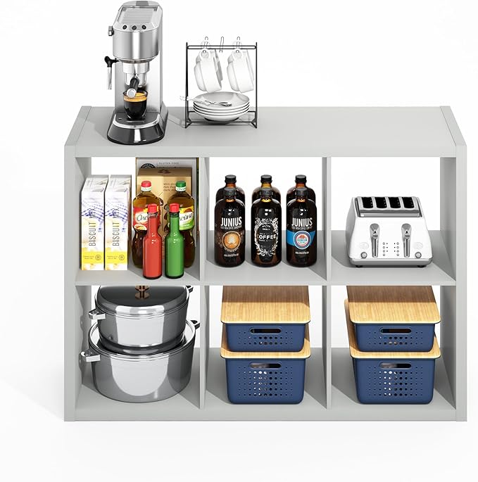 Furinno HERMITE Kitchen Island, 6-Cube Coffee Bar, Kitchen Storage, Bakers Rack, for Pantry Organizers and Storage, Kitchen Organization, Light Grey
