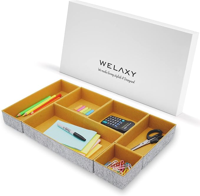 Welaxy Deluxe drawer organizers multi-purpose storage box junk bins for office home kitchen bedroom bathroom nightstand holder quiet luxury gifts 6-piece Style A (Curry)