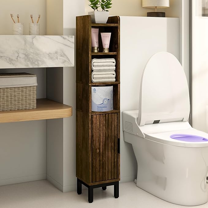 Narrow Bathroom Storage Cabinet, Corner Toilet Paper Floor Cabinet 5 Tiers with Door and Shelves,Bathroom Organizer with Adjustable Shelf, for Small Spaces(Rustic Brown)