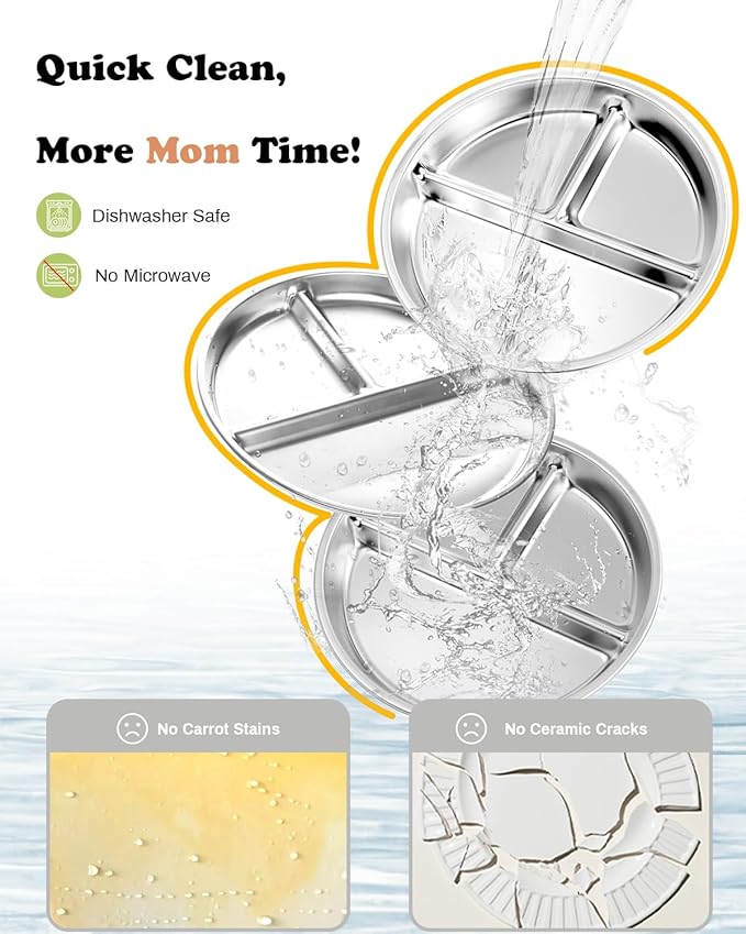 Stainless Steel Kids Plates 4 Packs, 8" Divided Toddlers Portion Control Plate, Non Toxic & BPA Free |Unbreakable |Dishwasher Safe Baby Snack Dish for Daycare, Restaurant Outings & Travel