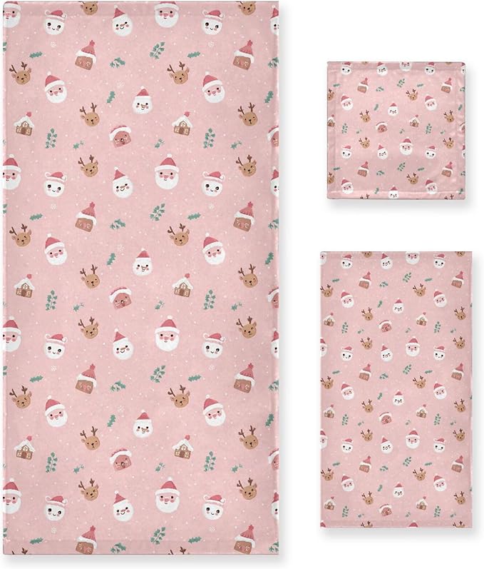 Christmas Winter Towels Set of 3 Christmas Symbol with Pink Bathroom Towel Soft Absorbent Bath Hand Towels Washcloth Guest Towel Sets Xmas Holiday Decor
