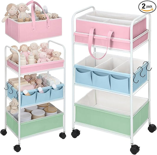 Honeydak 2in1 Baby Diaper Caddy Organizer Cart 3 Tier Large Capacity Metal Utility Bedside Rolling Cart with Divider Newborn Registry Nursery Essential Must Have Crib Bedroom Baby Shower(Colorful)