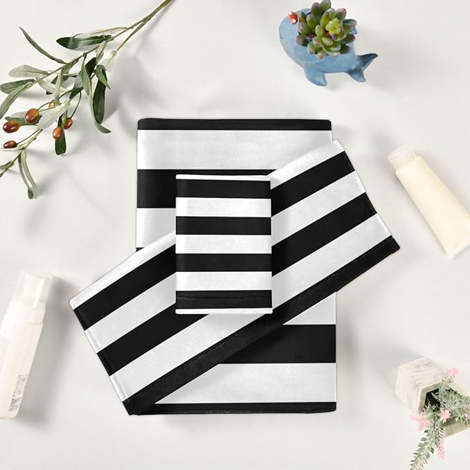 White Black Striped Bath Towels Set, 3-Piece Modern Fashion Set (1 Bath, 1 Hand, 1 Washcloth), Absorbent Microfiber Decorative Bathroom Towels for Fingertip, Hair, Face