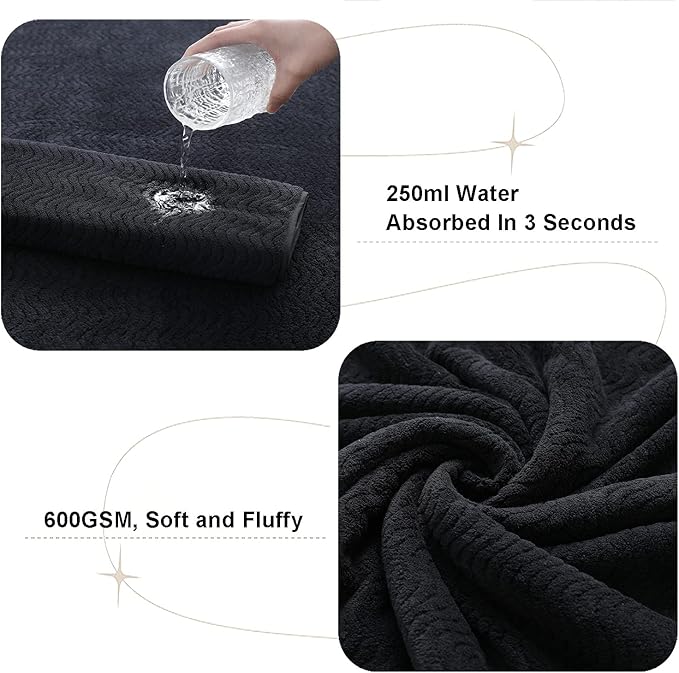 Black Bath Towels Set of 8, Bathroom Towel Quick Dry Textured,2 Oversized Shower Towels Large/2 Hand Towels/4 Washcloths,Ultra Soft Microfiber Absorbent Face Towels Bath Sheets For Bathroom Hotel Spa