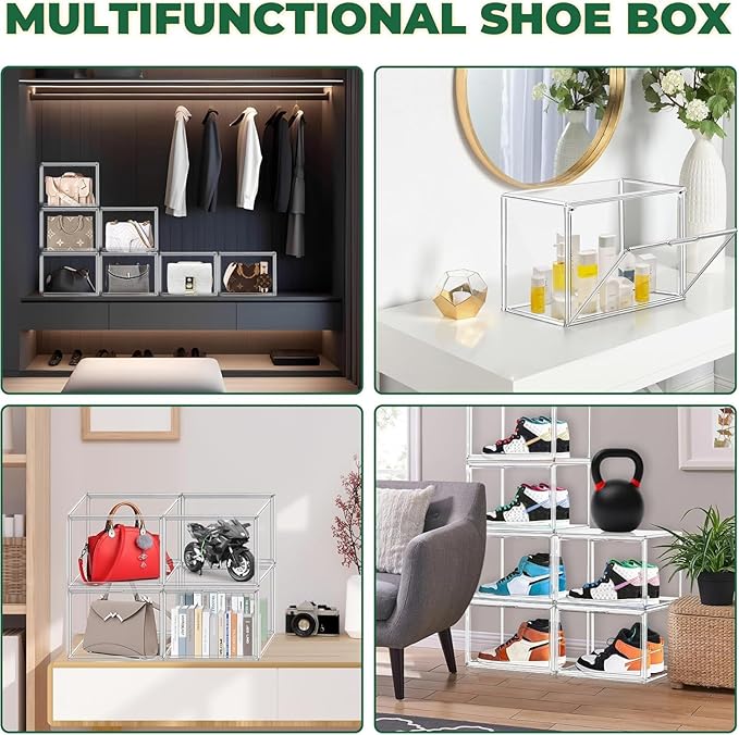 10 Pack Acrylic Shoe Box Size 14, X-Large Clear Purse Bag Organizer for Closet 14.1'' x 8.9'' x 10.6'' Transparent Handbag Storage Box, Acrylic Display Case for Shoes, Purses, Wallets & Bags