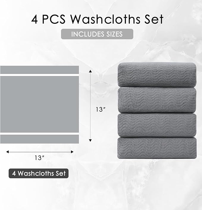 4 Pack Washcloths Set 13"x13",Grey Towel Set for Bathroom,Highly Absorbent & Quick Dry Premium Towel for Daily Use,Soft Microfiber Multipurpose Washcloths Towel Set for Hotel, Spa,Shower,Gym