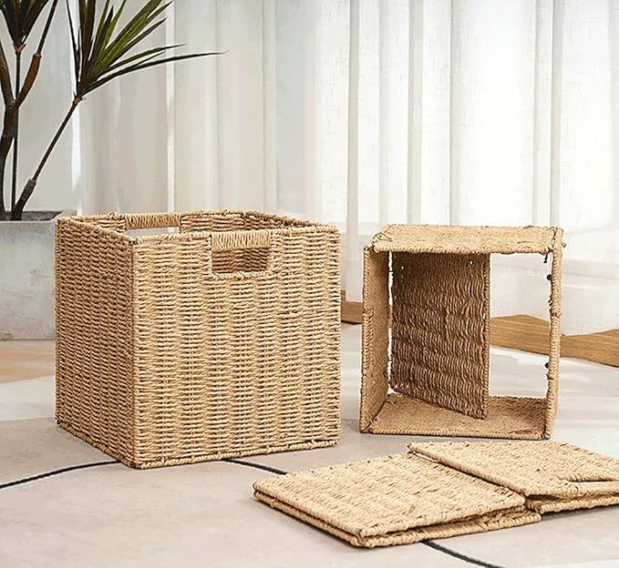 10.5x10.5'' Cube Storage Baskets, Set of 5 Natural Paper Rope Multipurpose Collapsible Organizers, Woven Laundry Totes for Laundry, Storage Cubes,Wicker Baskets Laundry Organizer Totes for Home