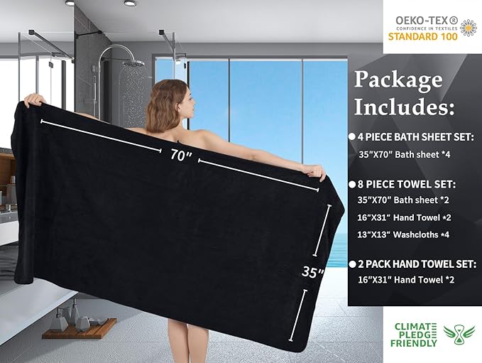 Extra Large Bath Sheet Set of 4,Ultra Soft Fluffy Towel,35”x 70”Oversized Bath Towel Set,Premium Microfiber Bathroom Towel Set Highly Absorbent Quick Dry Shower Towel for Bathroom,Hotel,Spa (Black)
