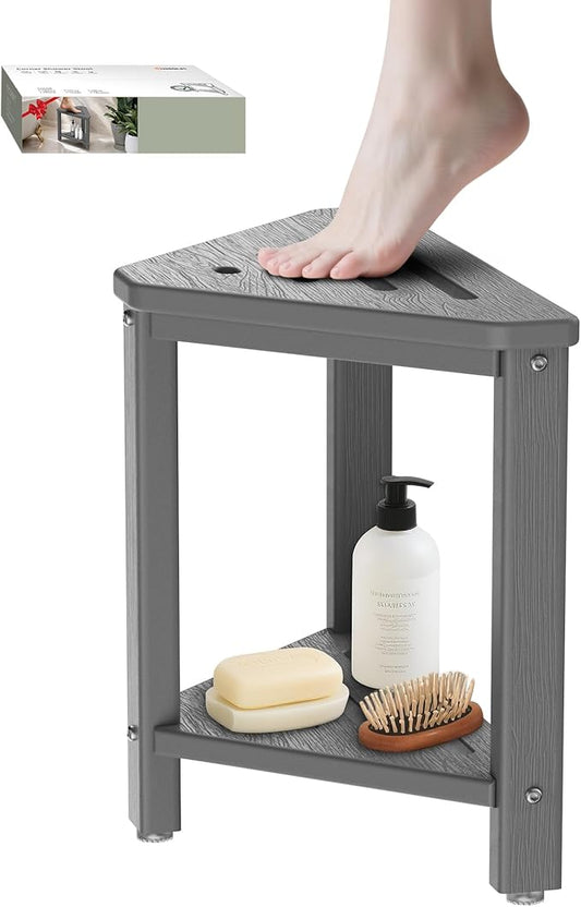 Shower Foot Rest 15in, HDPE Waterproof Shower Stool for Inside Shower, Corner Shower Stool for Shaving Legs with Storage Shelf for Small Space, Shower Step Stool, Plastic Corner Shower Bench, Grey