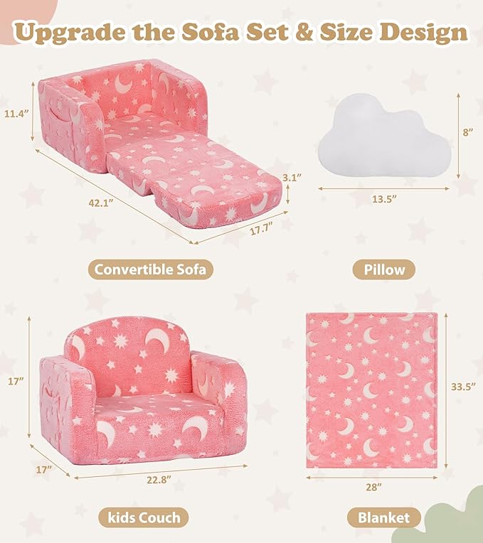 Kids Couch, 2-in-1 Soft Toddler Couch Fold Out with Blanket and Cloud Pillow, Glow in The Dark, Convertible Sofa, Gifts for Kids Girl Boys, Medium Pink Moon