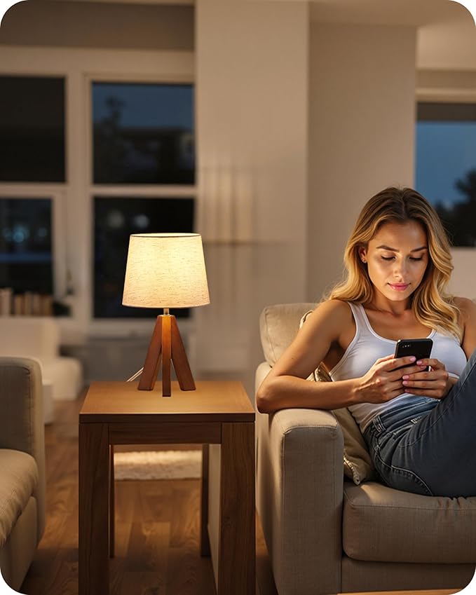 Wood Tripod Table Lamp — Warm Ambient Glow, Beige Fabric Shade