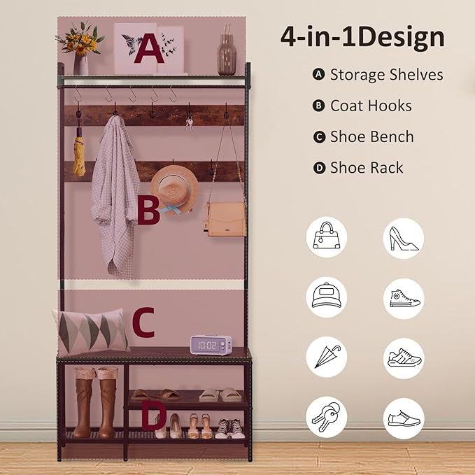 Coat Rack with Shoe Storage, 5 in 1 Entryway Furniture, Hall Tree with Bench and Shoe Storage, Coat Rack Freestanding with 14 Hooks and a Hanging Rod