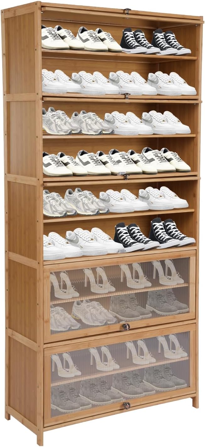 Tall Bamboo Shoe Cabinet with Doors, 10 Tier Large Capacity Shoe Rack Organizer, Narrow Freestanding Storage Shelf for Entryway, Hallway & Closet, Holds 40-45 Pairs (Brown)