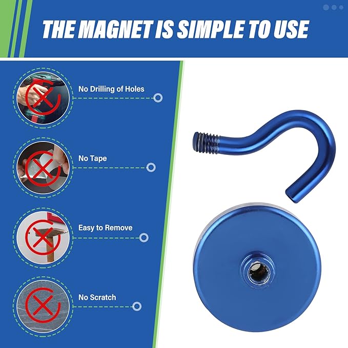 Neosmuk Magnetic Hooks Heavy Duty, Strong Magnet with Hook for Fridge, Super Neodymium Extra Strength Industrial Hooks for Hanging, Magnetic Hanger for Toolbox, Cruise, Grill(Navyblue,4 Pack)