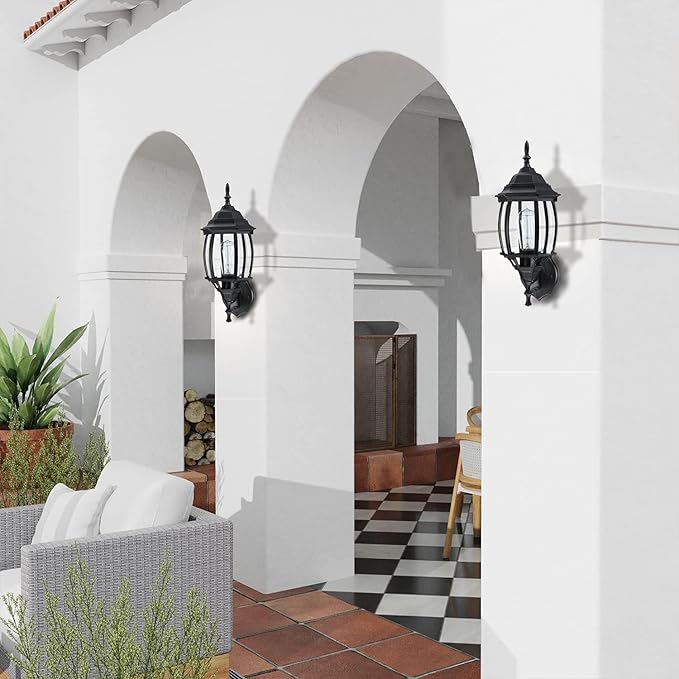 2 Pack Black Outdoor Wall Lights - 16.8 Inch Garage Side Light for House, Metal and Glass Wall Lantern Sconce, Vintage Outside Porch Light for Front Door,Porch,Balcony,E26 Base