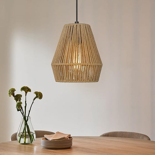 ELYONA Woven Pendant Lights, 7” Rustic Rattan Hanging Lamp Adjustable Handwoven Basket Shade, Boho Pendant Light Fixtures for Kitchen Island, Dining Room, Bedroom, Farmhouse Bar, Foyer Hallway, Brown
