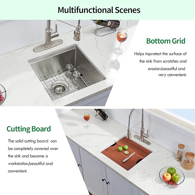 Undermount Kitchen Sink, 18 x 18 x 10 Inch Sink Kitchen 16 Gauge Stainless Steel Kitchen Sinks Single Bowl Workstation Sink with Cutting Board