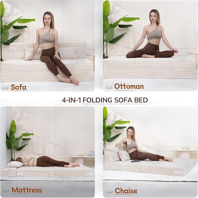 Folding Sofa Bed Queen Size, Convertible Sleeper Chair Loveseat with Pillow, Futon Chair Sofa Bed, Fold Out Floor Couch, Foldable Mattress for Living Room, Bedroom, Guest Room, Dorm, Beige