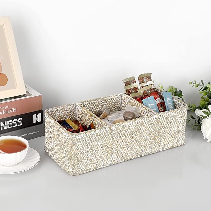 Hipiwe Seagrass Storage Basket Bin- 3 Sections Hand-Woven Toilet Basket Wicker Shelf Bathroom Organizer Bins for Shelves, Kitchen, Closets, Toilet Paper Tissue Organizer