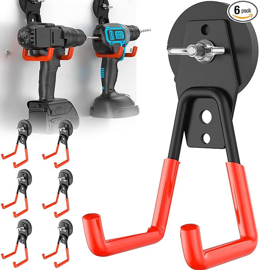 6 Pack Large Strong Magnetic Hooks Heavy Duty Garage Big Magnet Hooks Extra Strength Magnetic Utility Storage Hook Hanger with Anti Slip Coating for Garden Indoor Outdoor Hanging Tools Orange