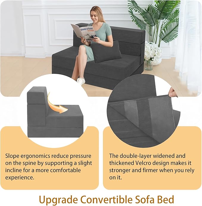 Sofa Bed Foldable Mattress ，Folding Sleeper Sofa Chair Bed Floor Mattress with Pillow for Living Room Home Office (Dark Gray -Corduroy, Twin)