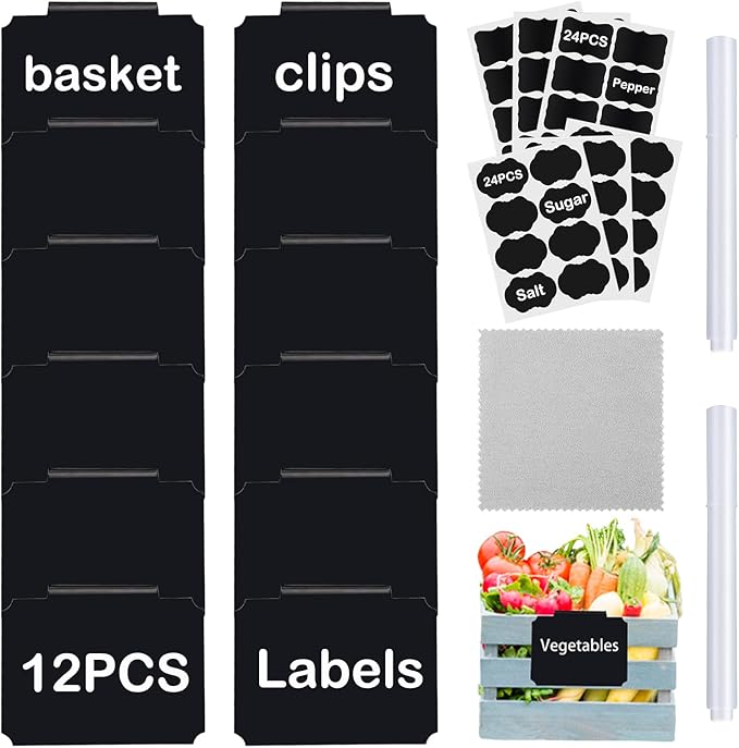 Basket Labels Clip Set - 12 Removable PVC Bin Label Holders with 2 Chalk Markers - Kitchen Clip Labels for Storage Baskets, Boxes, and Containers