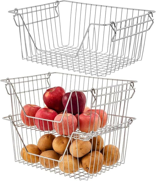 Stackable Wire Metal Baskets Sturdy Cabinet Organizer Wire Pantry Freezer Bin with Handle for Home Bathroom Kitchen Fruit Vegetable Organization, Chrome, 3Packs
