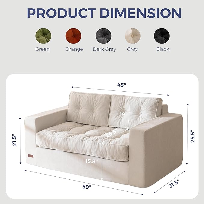 MAXYOYO Boneless Sofa Couch, 59" Loveseat Sofa for Small Space, Tufted Floor Couch Bean Bag Chair for Living Room Bedroom Apartment, Sofa in a Box, No Assembly Needed, Grey