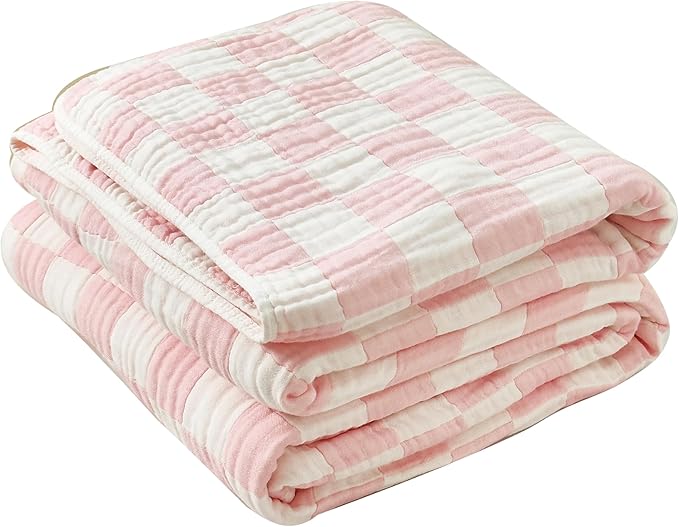 SANACYNA Muslin Blankets 100% Cotton 6-Layer Gauze Pink Cooling Blanket Lightweight Soft and Breathable Swaddle Blanket for Sofa Bed Both Sides (Pink Checkerboard, Baby 30"x40")