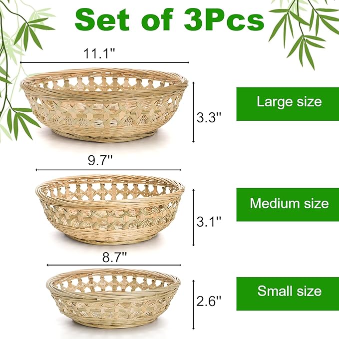 ZENFUN 3 Packs Round Woven Bread Basket, Bamboo Serving Trays, Handwoven Baskets Fruit Basket, Rattan Serving Baskets for Daily Dinning, Kitchen Organization, Stackable