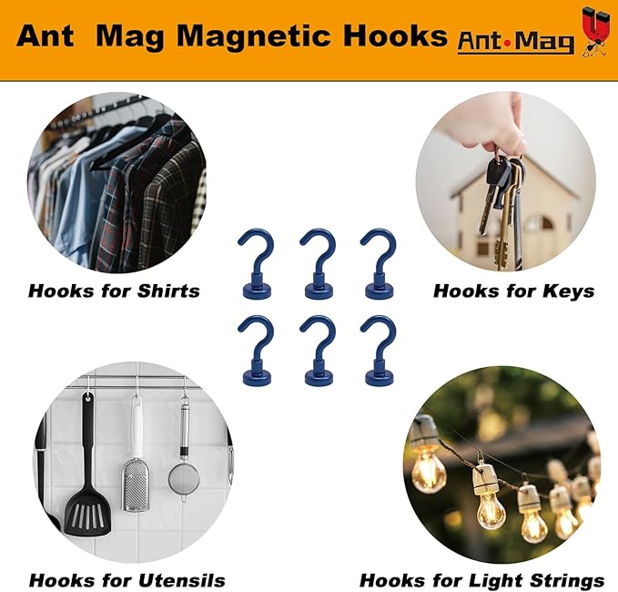 Ant Mag Strong Magnet Hooks 25lbs+ Pulling Force Neodymium Hooks Hangers Heavy Duty Used for Home Kitchen Refrigerator