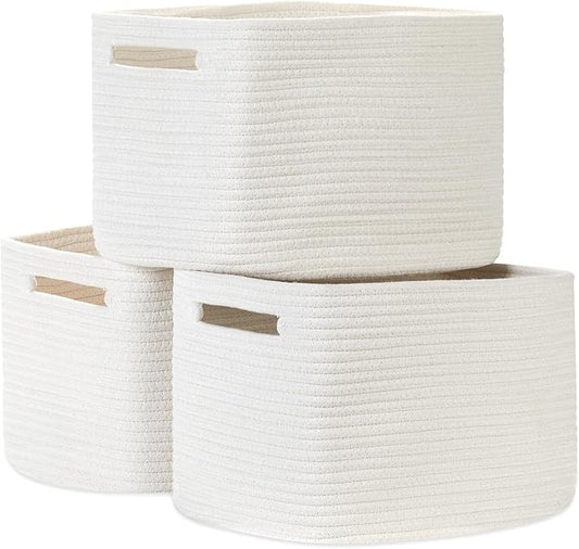 Woven Storage Baskets, Set of 3 Rope Baskets for Storage Clothes, Towels, Versatile Boho Storage Bins (White, 13"x9.8"x8.5")