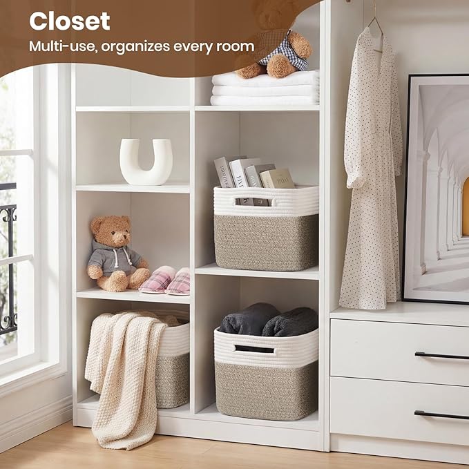 Storage Baskets for Organizing, 14 x 10 x 9” Closet Shelf Woven Baskets, Square Bins with Handles, Cotton Rope Basket for Toys, Clothes, Office, Room, White+Rice Brown 3 Pack