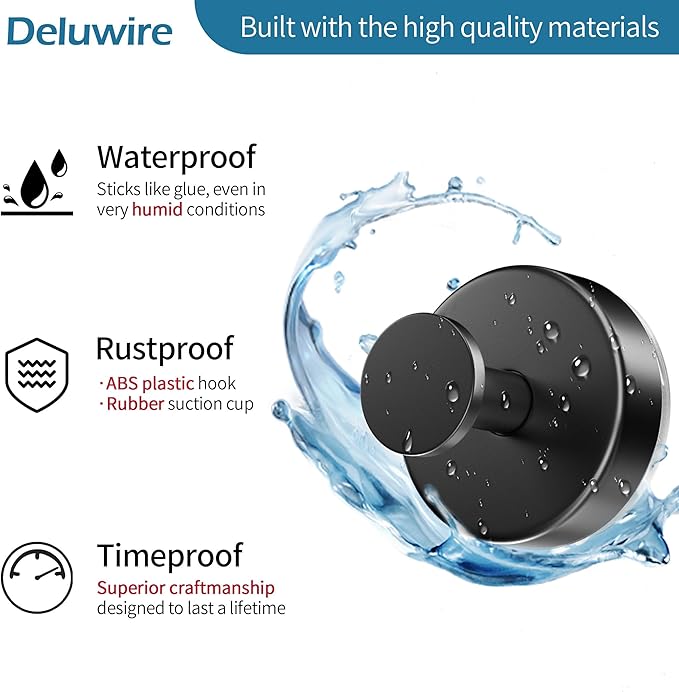 Deluwire Suction Cup Hooks for Shower,3 Packs Wall Mount Towel Holder,Removable Shower Towel Suction Hooks for Bathroom Wall,Kitchen,Glass,Mirror,Tile to Hang Robes,Loofah-Black