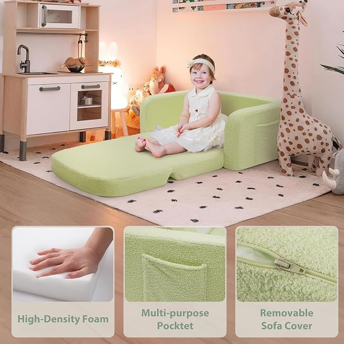 Extra Wide Kids Couch, 2-in-1 Soft Toddler Couch with Blanket, Comfy Toddler Chair, Convertible Sofa with Cute Rainbow Design, Green